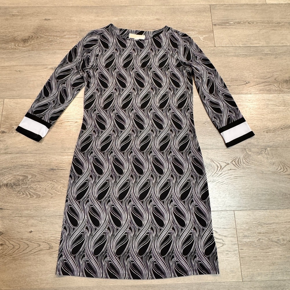 Michael Kors Shift Dress Abstract Print 3/4 Sleeve Career Size Xsmall XS‎ Black